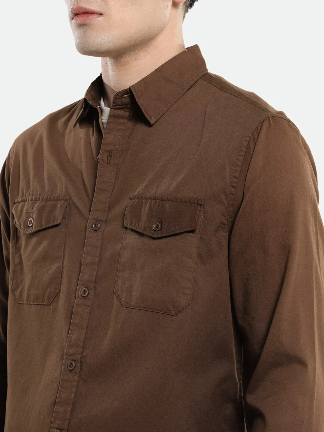 Men's Spread Collar Regular Fit Solid Brown Casual Shirt