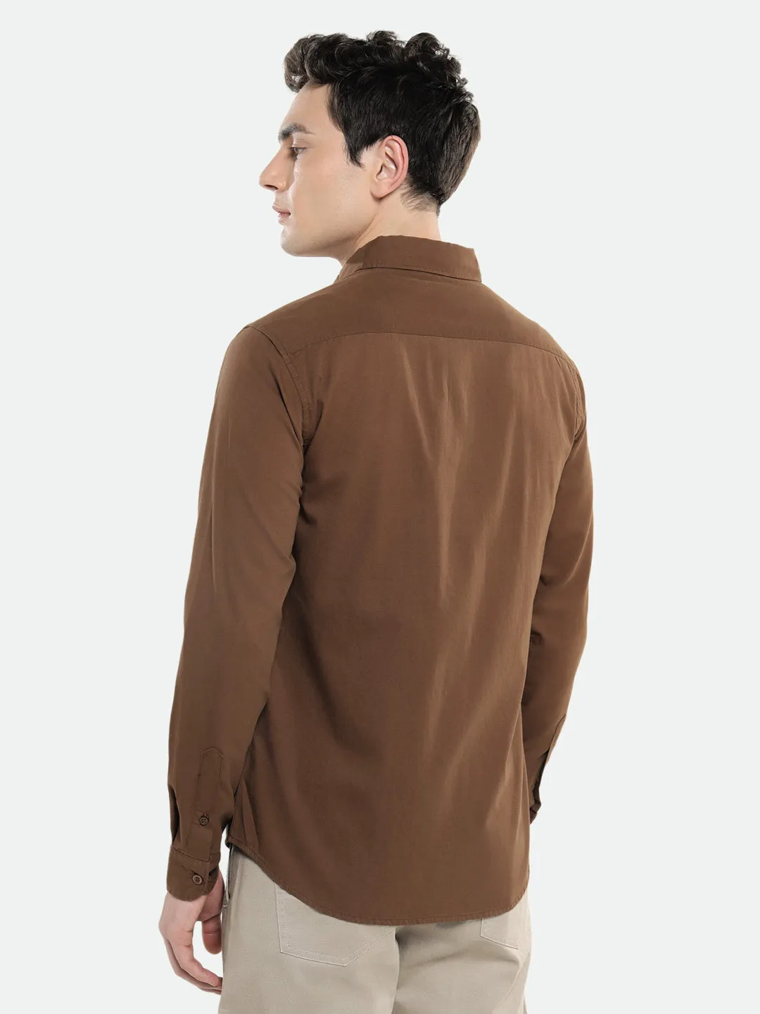 Men's Spread Collar Regular Fit Solid Brown Casual Shirt