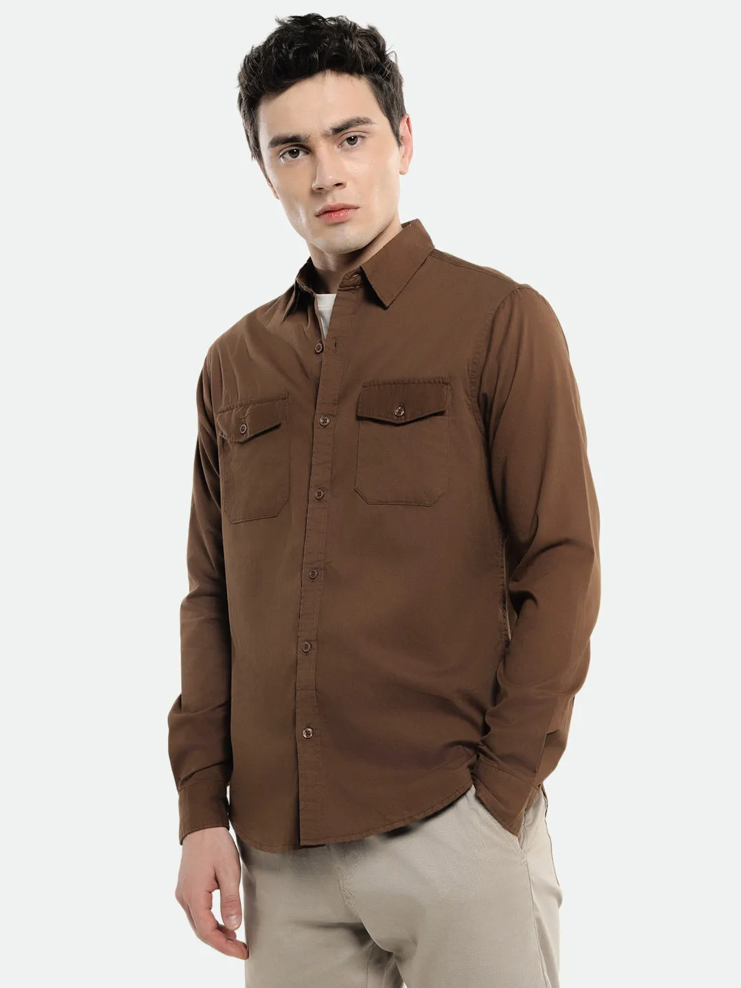 Men's Spread Collar Regular Fit Solid Brown Casual Shirt