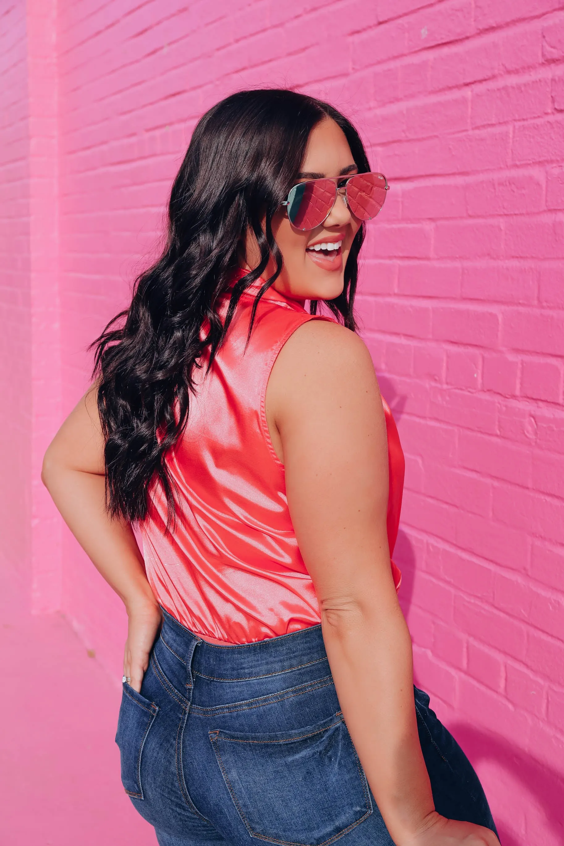 Mia Satin Surplice Bodysuit - Coral