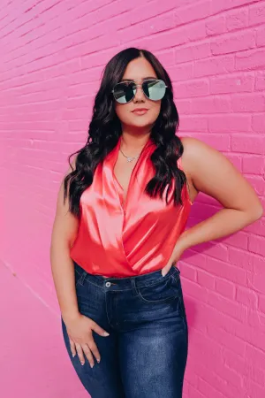 Mia Satin Surplice Bodysuit - Coral