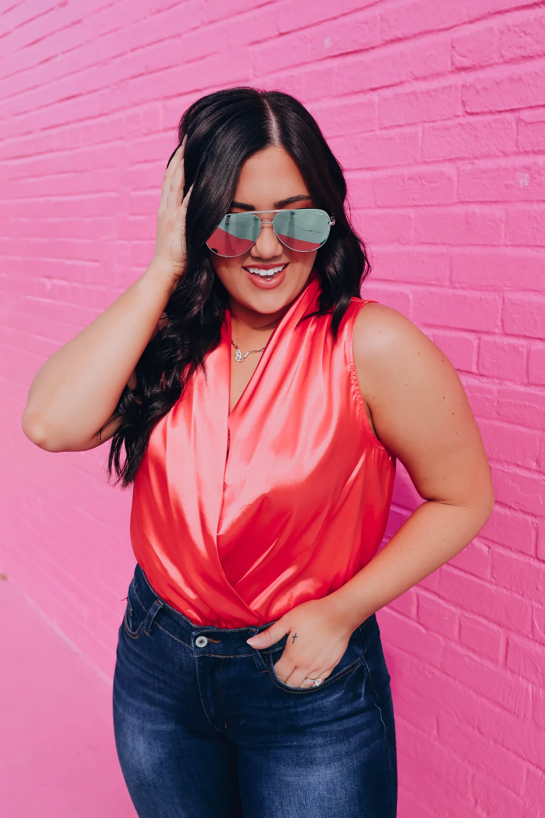 Mia Satin Surplice Bodysuit - Coral