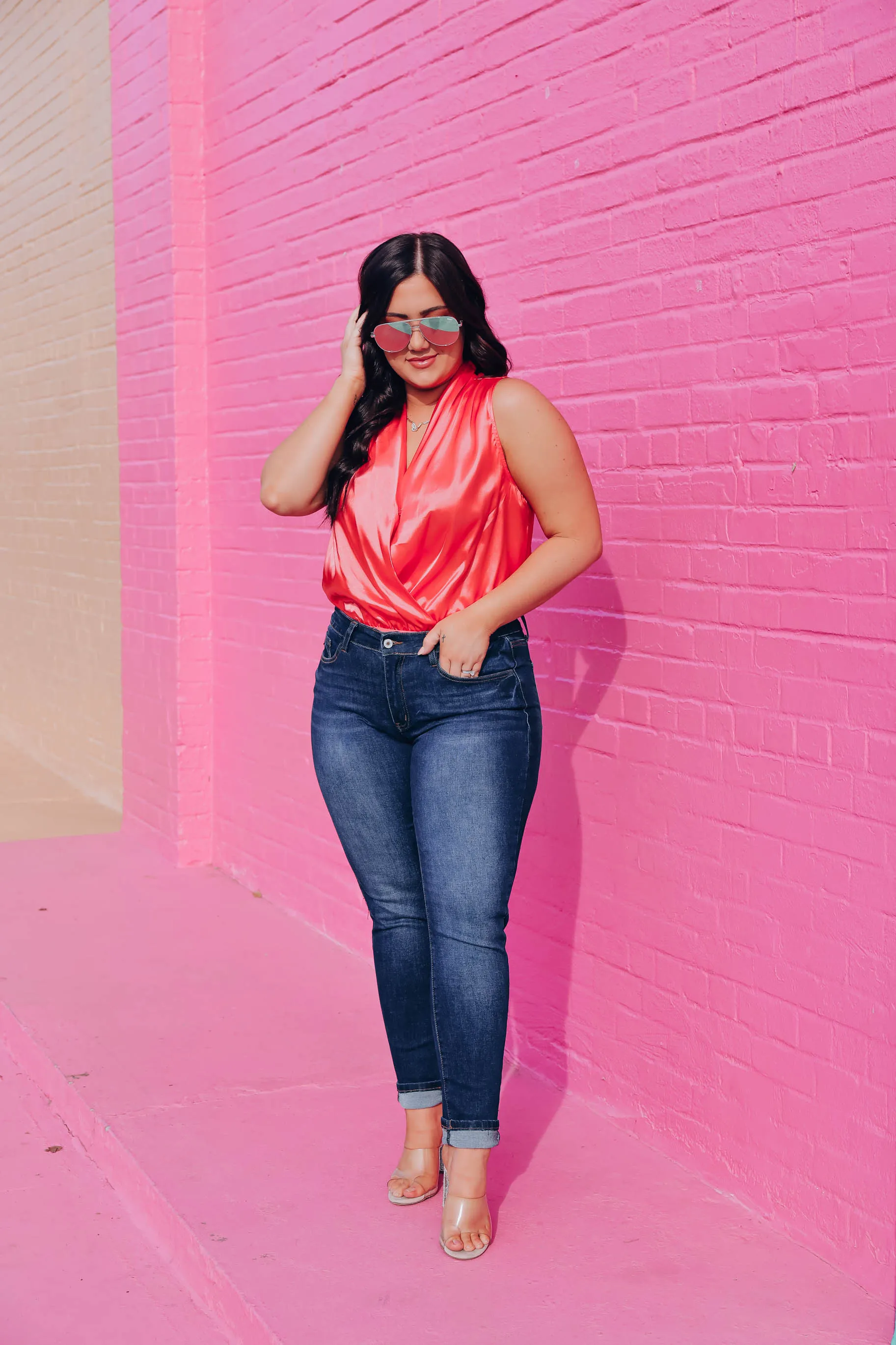 Mia Satin Surplice Bodysuit - Coral
