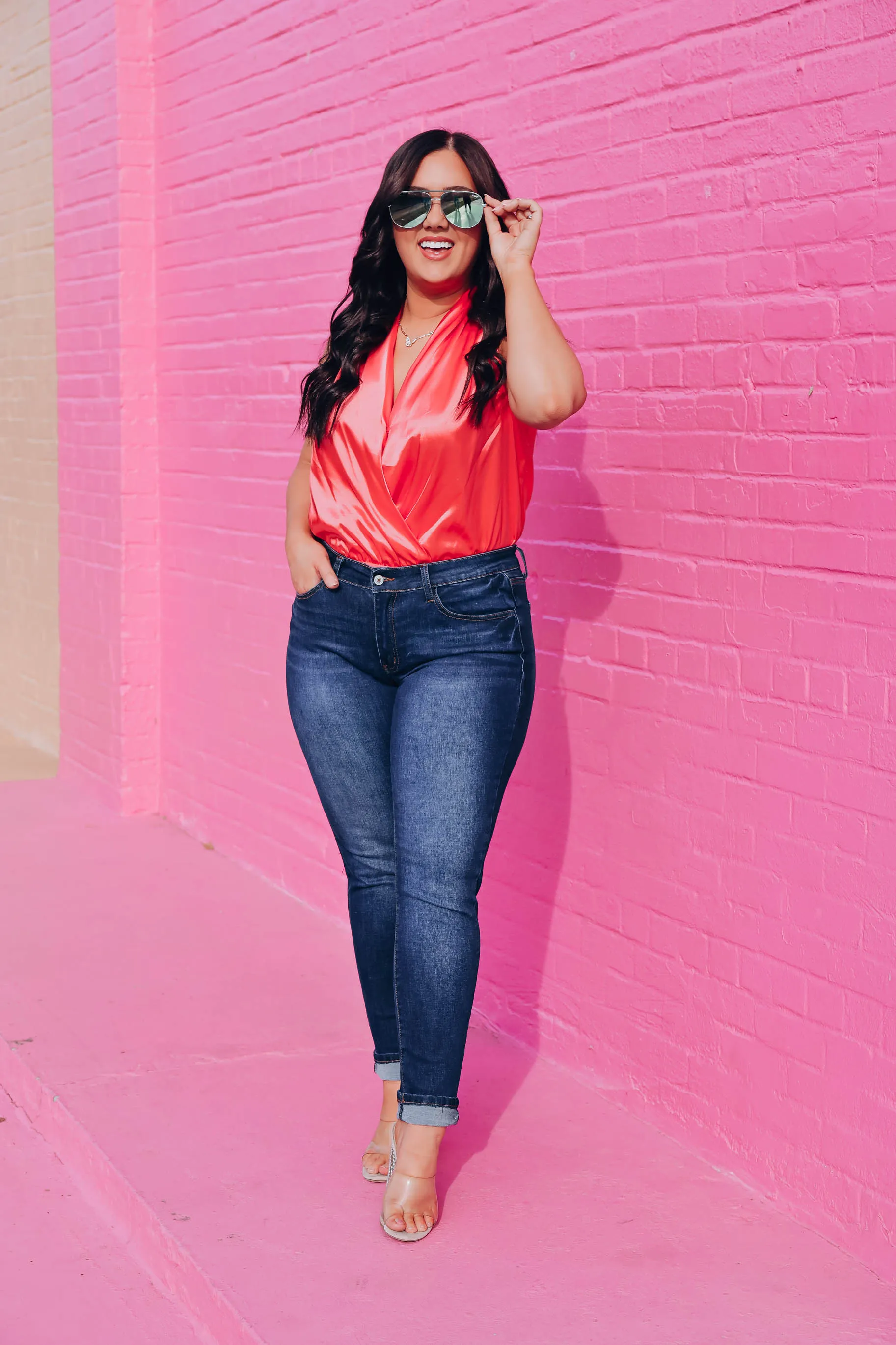 Mia Satin Surplice Bodysuit - Coral