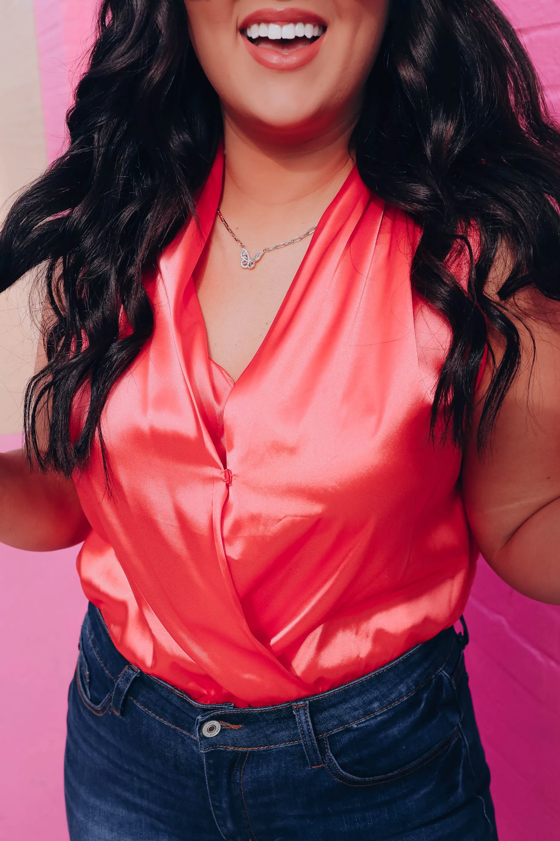 Mia Satin Surplice Bodysuit - Coral