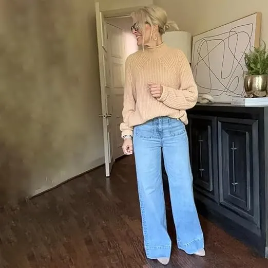 Oprah's Favorite Jeans Tummy Control Sailor Wide Leg Trouser Women's High Waisted Wide Leg Cropped Denim Pants