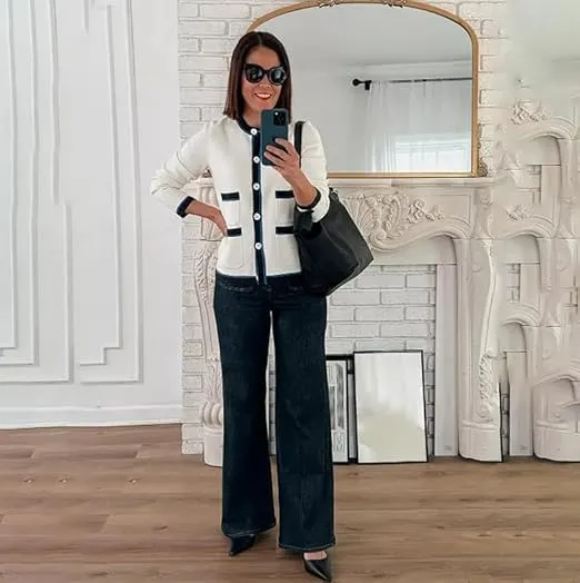 Oprah's Favorite Jeans Tummy Control Sailor Wide Leg Trouser Women's High Waisted Wide Leg Cropped Denim Pants