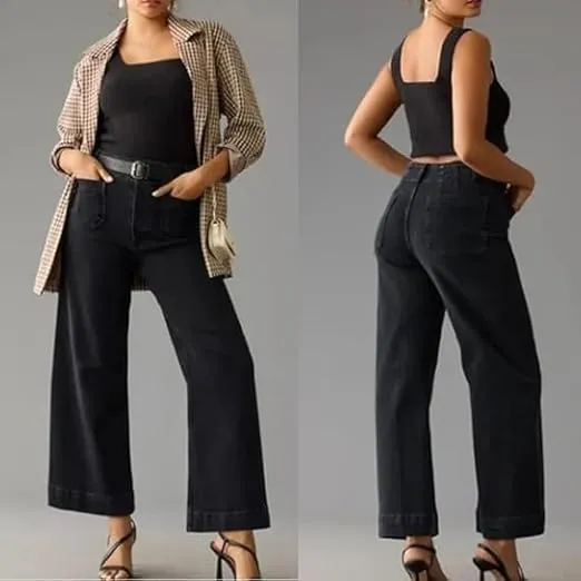 Oprah's Favorite Jeans Tummy Control Sailor Wide Leg Trouser Women's High Waisted Wide Leg Cropped Denim Pants