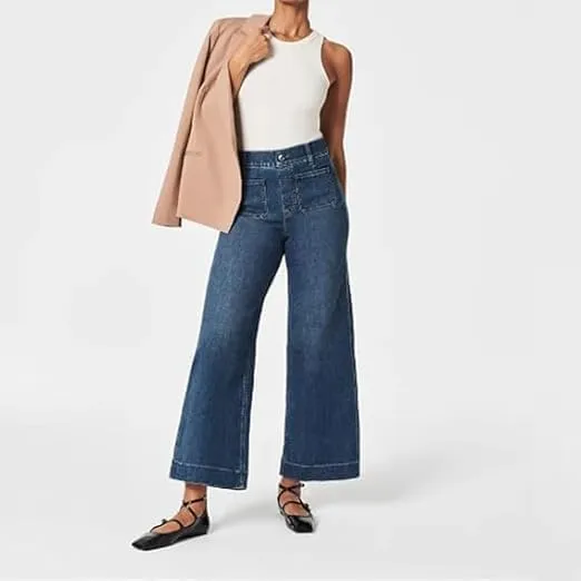 Oprah's Favorite Jeans Tummy Control Sailor Wide Leg Trouser Women's High Waisted Wide Leg Cropped Denim Pants