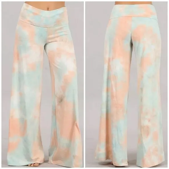 Peach Mint Tie Dye Wide Leg Palazzo Relaxed Fit Foldover Waist Lounge Pants