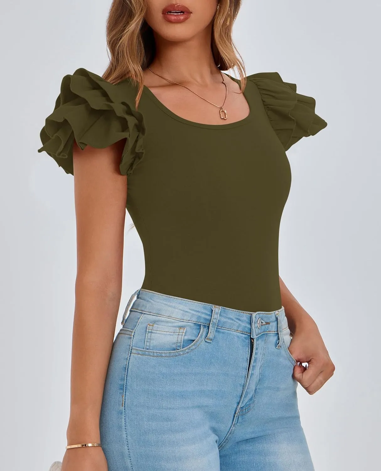 PRETTYGARDEN Womens Ruffle Short Sleeve Crew Neck Shirts 2025 Summer Casual Basic Tee Cute Fitted Fashion Tops Clothes