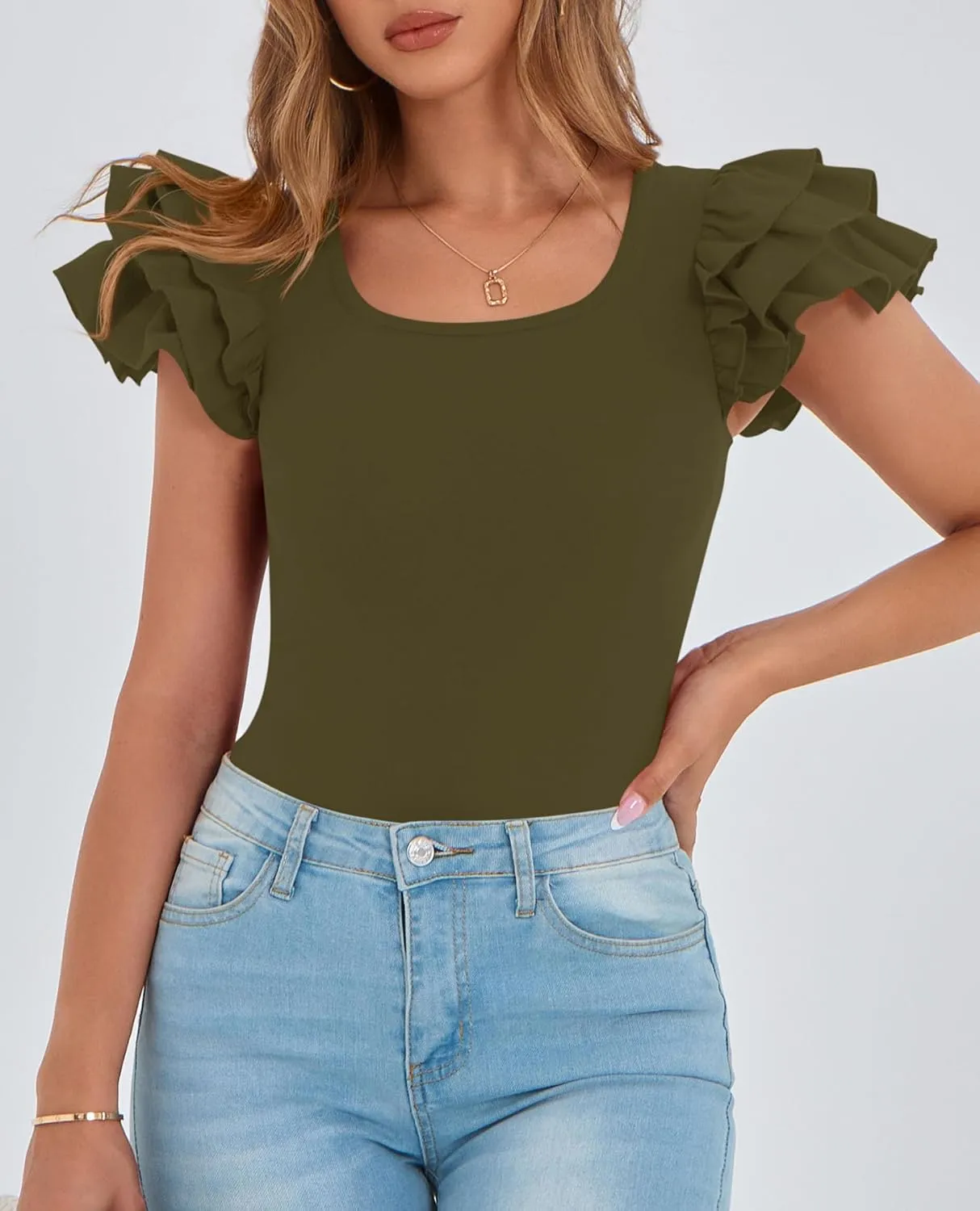 PRETTYGARDEN Womens Ruffle Short Sleeve Crew Neck Shirts 2025 Summer Casual Basic Tee Cute Fitted Fashion Tops Clothes