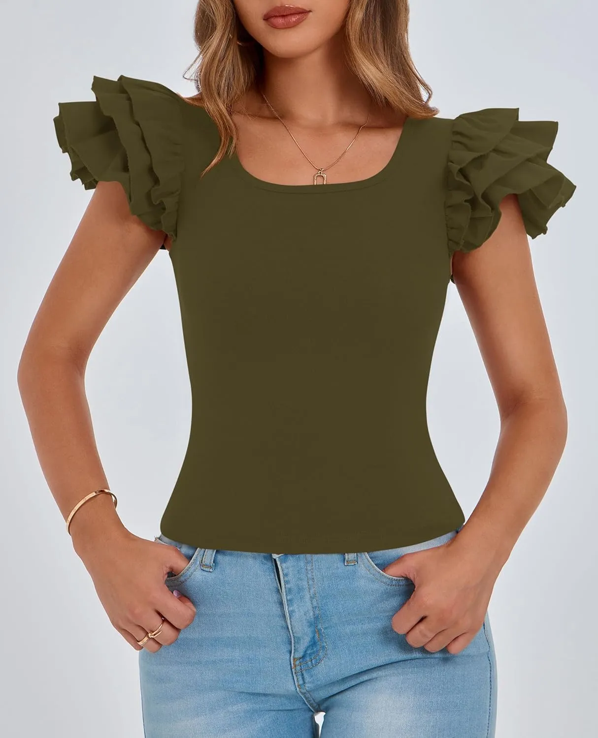 PRETTYGARDEN Womens Ruffle Short Sleeve Crew Neck Shirts 2025 Summer Casual Basic Tee Cute Fitted Fashion Tops Clothes