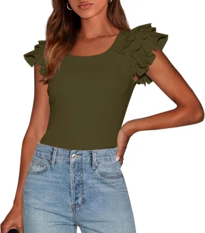 PRETTYGARDEN Womens Ruffle Short Sleeve Crew Neck Shirts 2025 Summer Casual Basic Tee Cute Fitted Fashion Tops Clothes