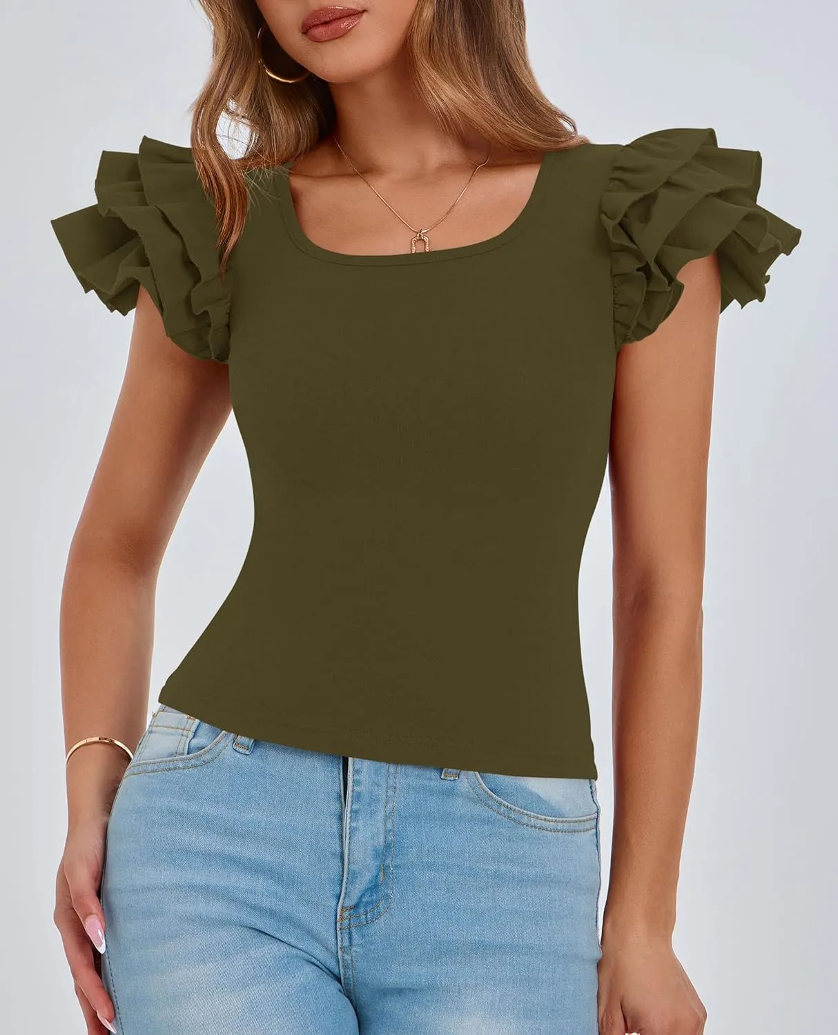 PRETTYGARDEN Womens Ruffle Short Sleeve Crew Neck Shirts 2025 Summer Casual Basic Tee Cute Fitted Fashion Tops Clothes