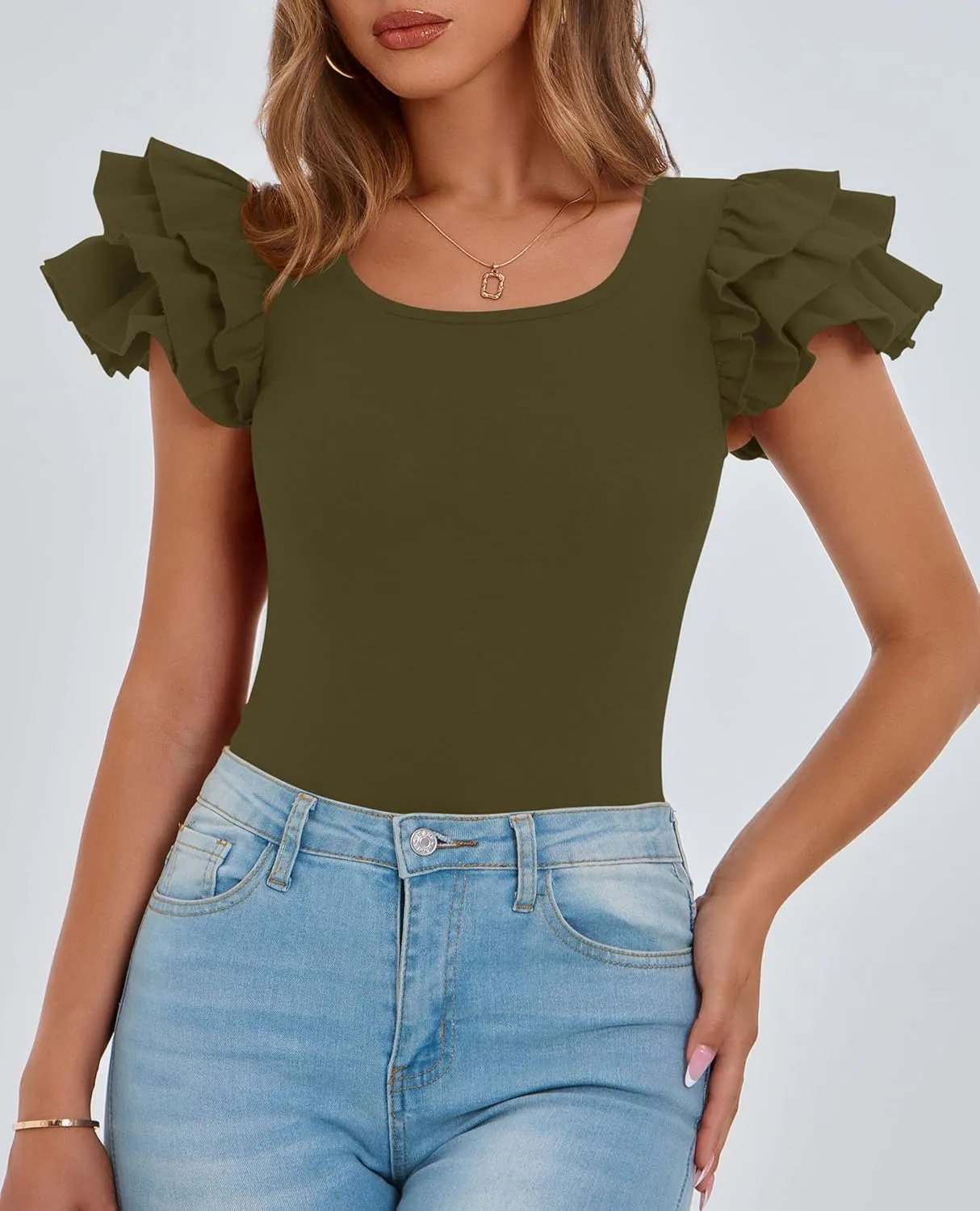 PRETTYGARDEN Womens Ruffle Short Sleeve Crew Neck Shirts 2025 Summer Casual Basic Tee Cute Fitted Fashion Tops Clothes