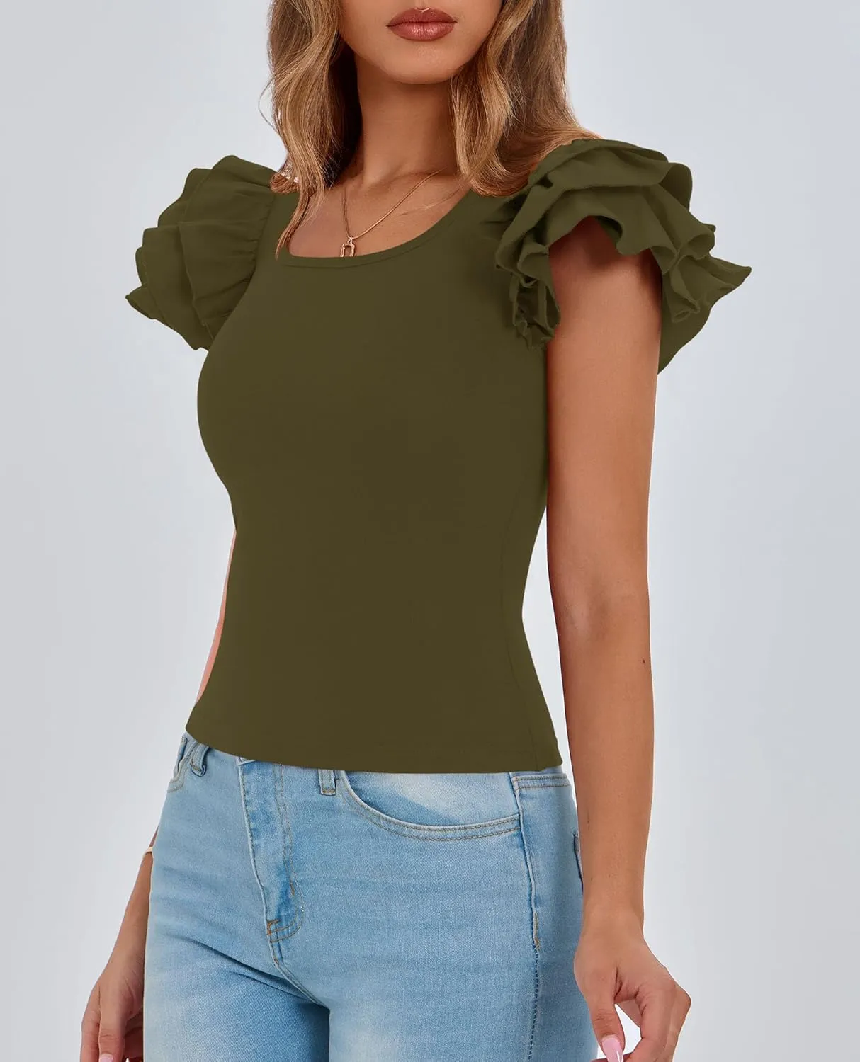 PRETTYGARDEN Womens Ruffle Short Sleeve Crew Neck Shirts 2025 Summer Casual Basic Tee Cute Fitted Fashion Tops Clothes