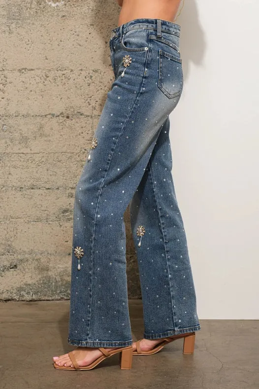 Rhinestone Flower Embellished Stretch Denim Jeans