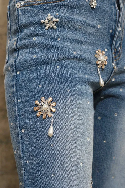 Rhinestone Flower Embellished Stretch Denim Jeans