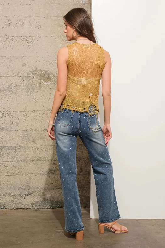 Rhinestone Flower Embellished Stretch Denim Jeans