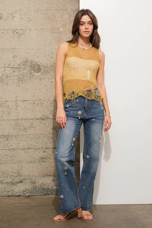 Rhinestone Flower Embellished Stretch Denim Jeans