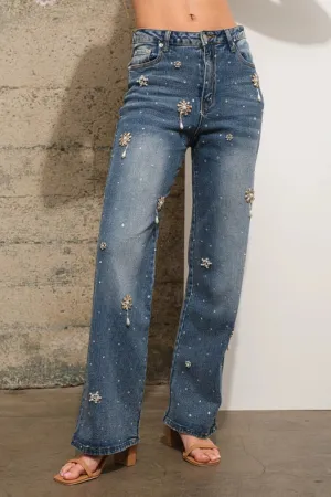 Rhinestone Flower Embellished Stretch Denim Jeans