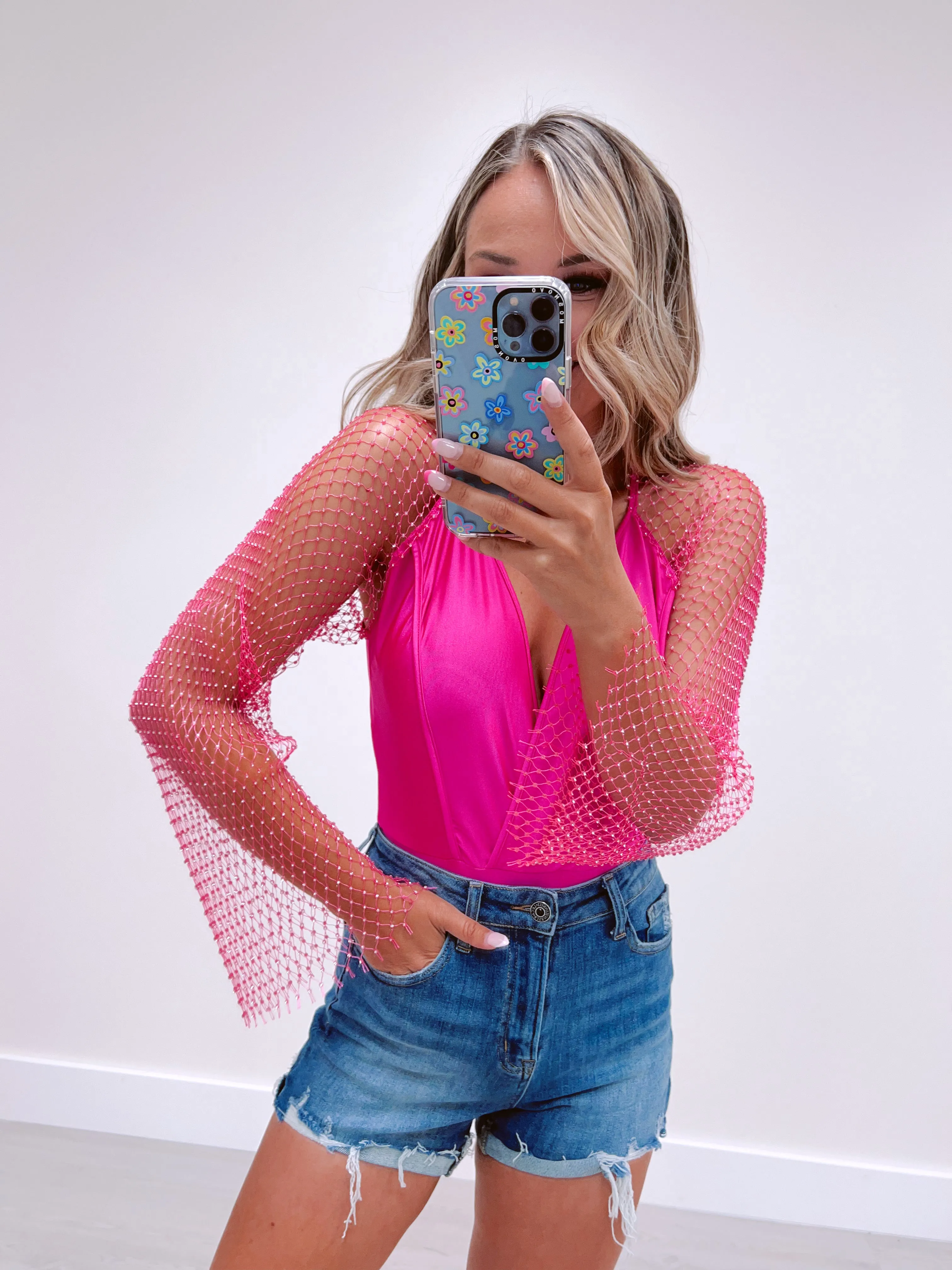 Riki Mesh Rhinestone Sleeve Bodysuit - Pink