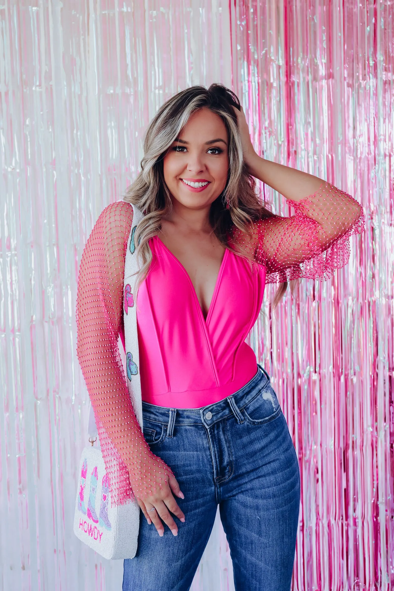 Riki Mesh Rhinestone Sleeve Bodysuit - Pink