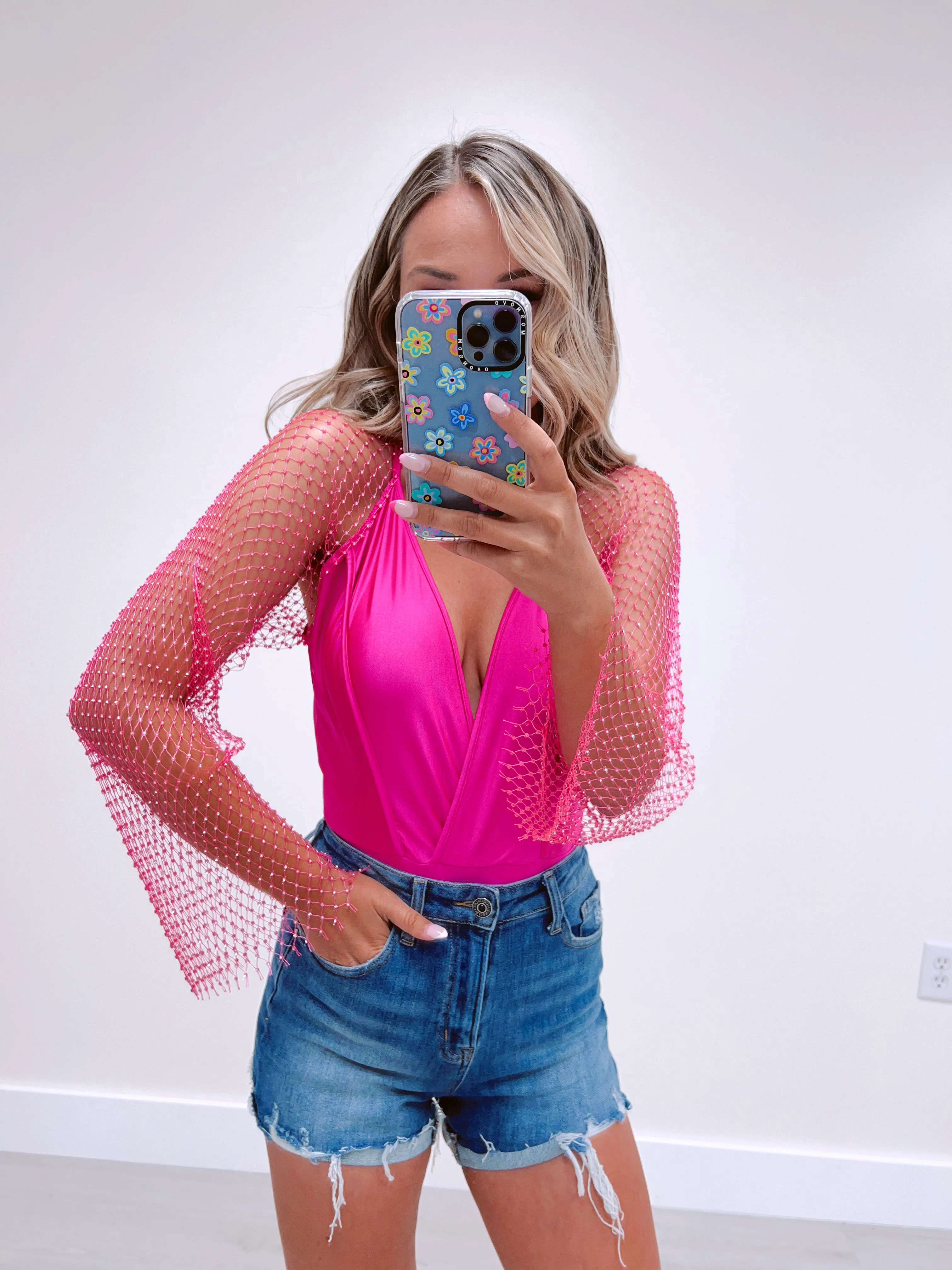 Riki Mesh Rhinestone Sleeve Bodysuit - Pink
