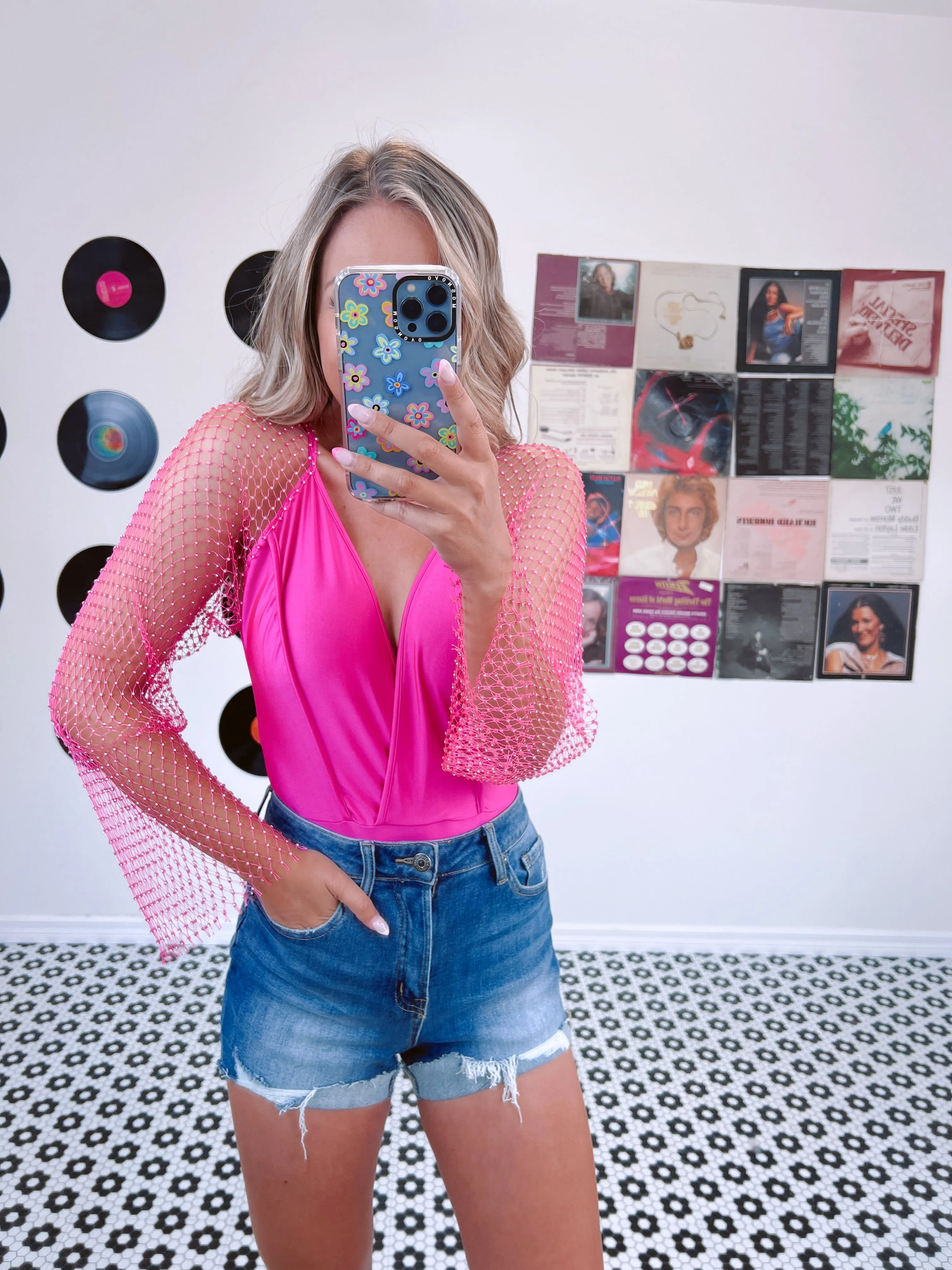 Riki Mesh Rhinestone Sleeve Bodysuit - Pink