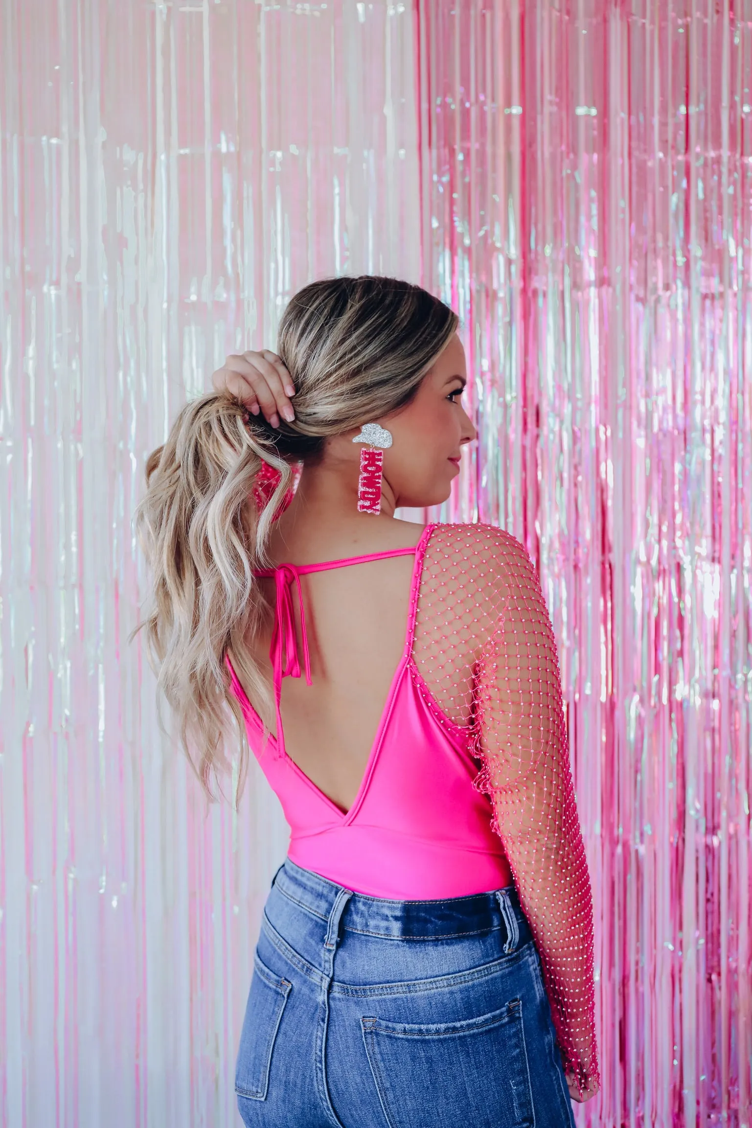 Riki Mesh Rhinestone Sleeve Bodysuit - Pink