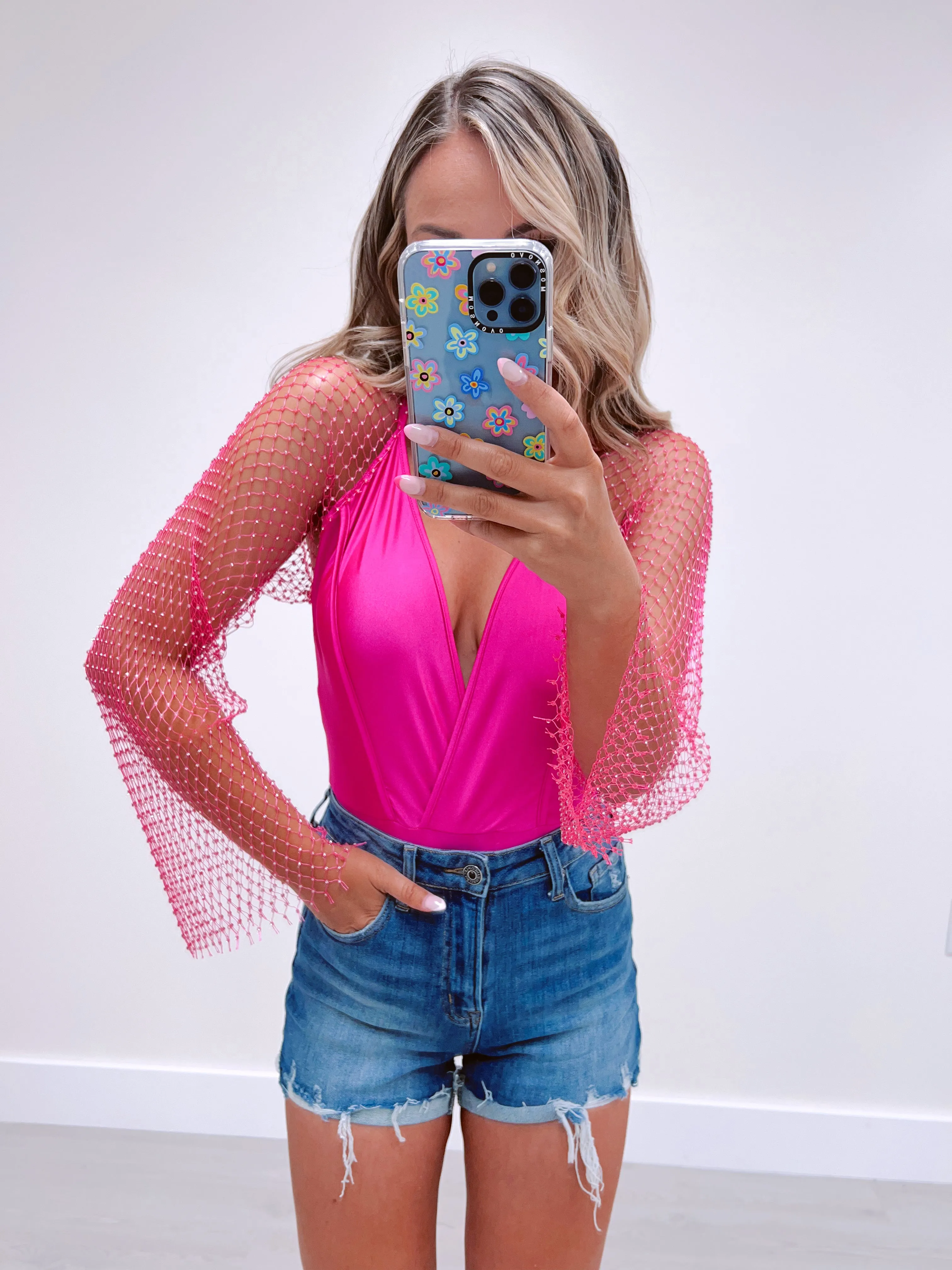 Riki Mesh Rhinestone Sleeve Bodysuit - Pink