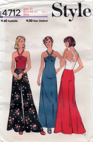 Style 4712 Womens Halter Maxi Dress or Top & Wide Leg Palazzo Pants 1970s Vintage Sewing Pattern Size 10 UNCUT Factory Folded