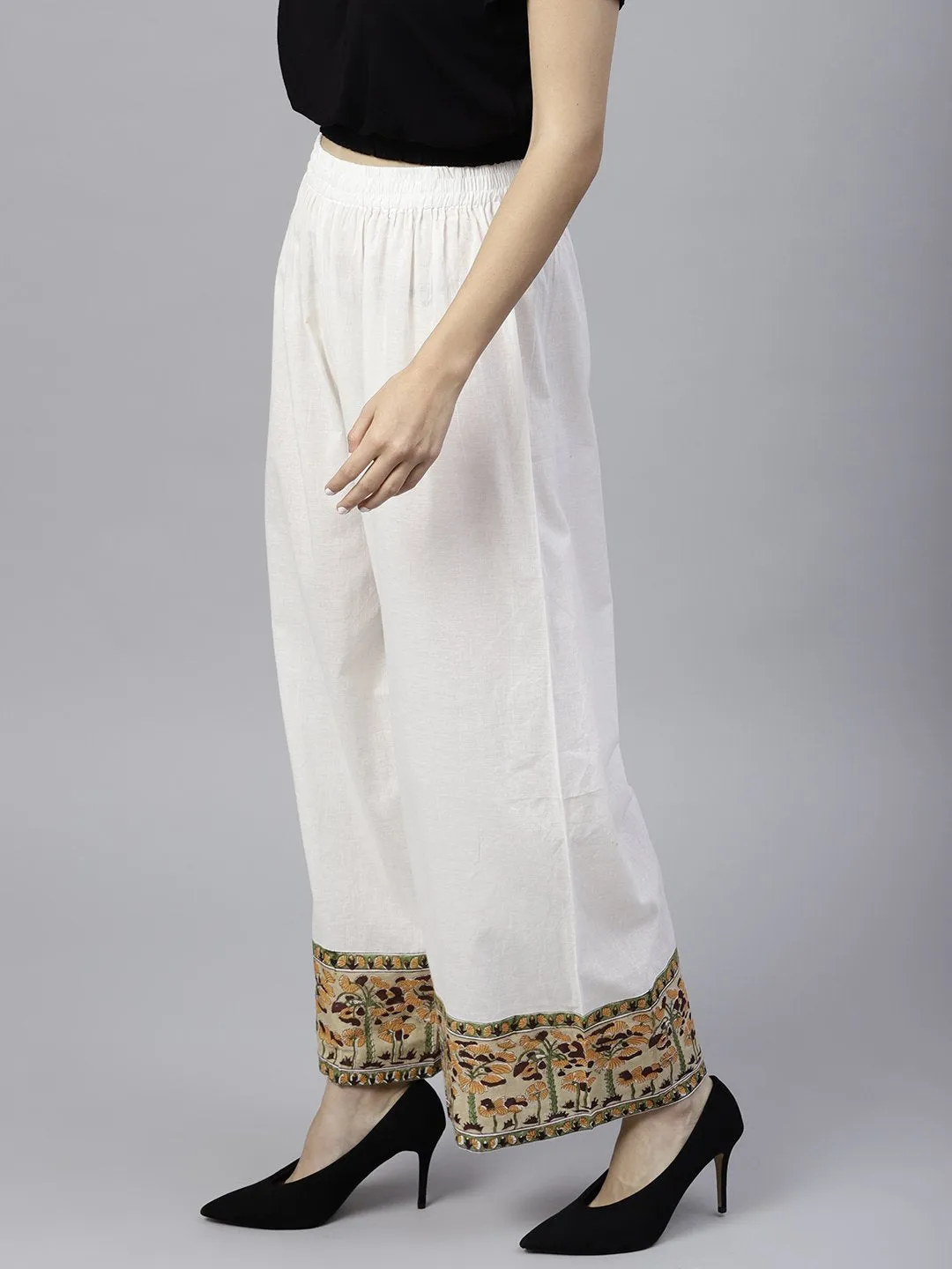 White Ankle Length Cotton Regular Fit Palazzo With Border Printed