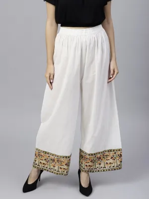 White Ankle Length Cotton Regular Fit Palazzo With Border Printed