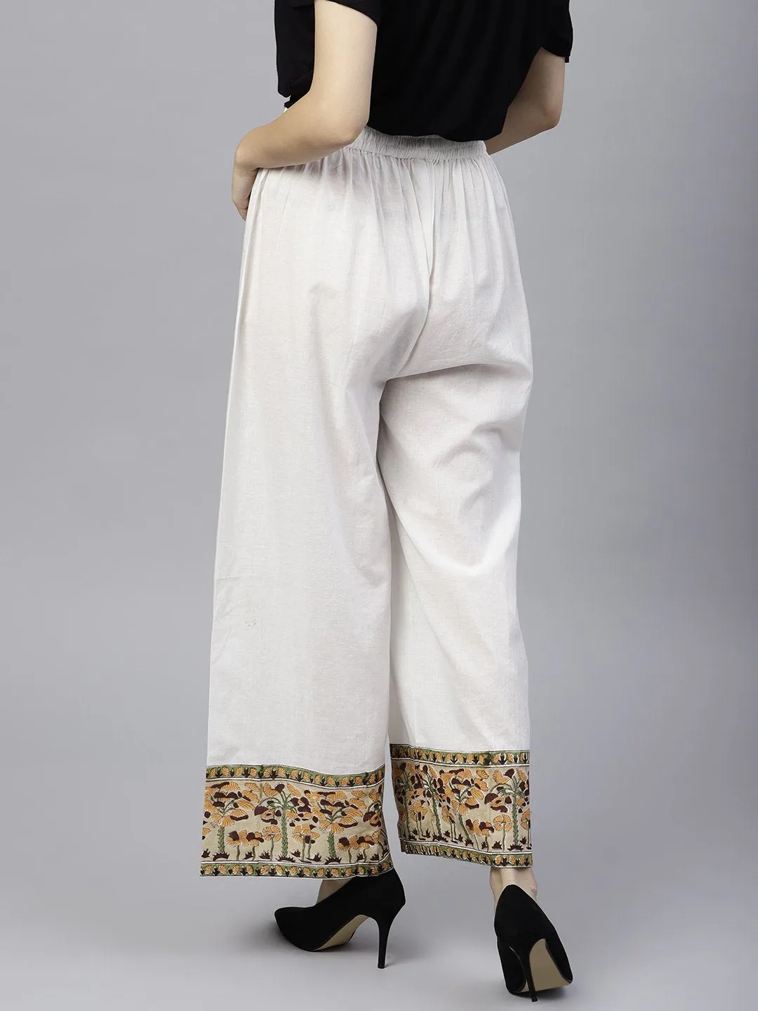 White Ankle Length Cotton Regular Fit Palazzo With Border Printed