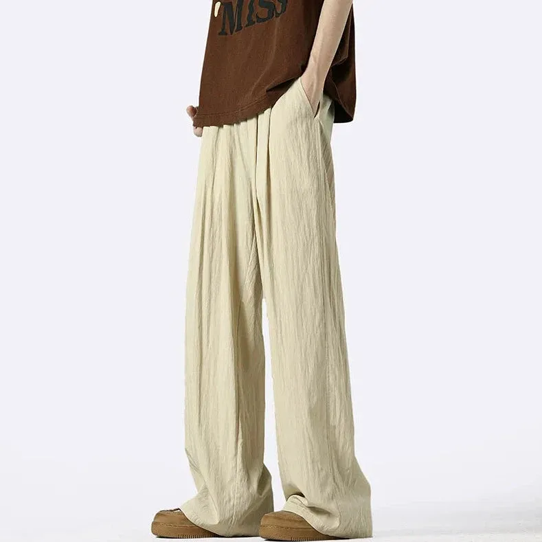 Wide-Leg Elastic Waist Pleated Trousers