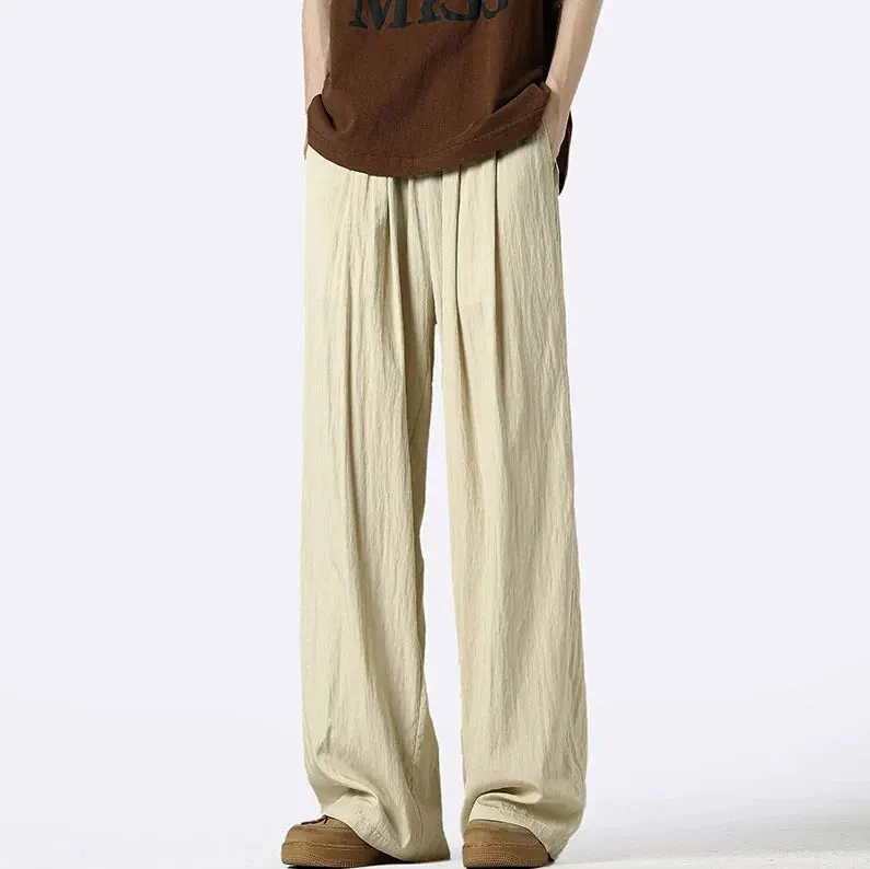Wide-Leg Elastic Waist Pleated Trousers
