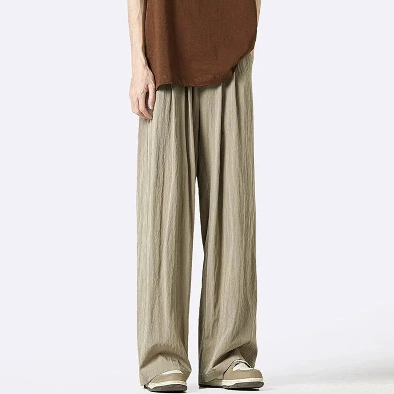 Wide-Leg Elastic Waist Pleated Trousers