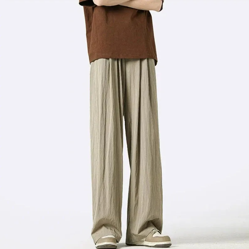 Wide-Leg Elastic Waist Pleated Trousers