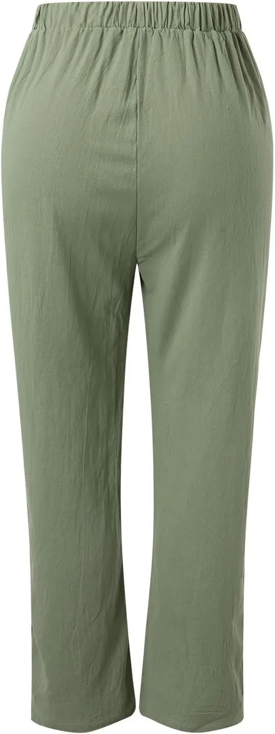 Women Linen Cotton Blend Pants Straight Leg Summer Cotton Casual High Waist Elastic Linen Beach Pants