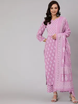 Women Purple Silver Floral Printed Straight Kurta With Palazzo And Dupatta