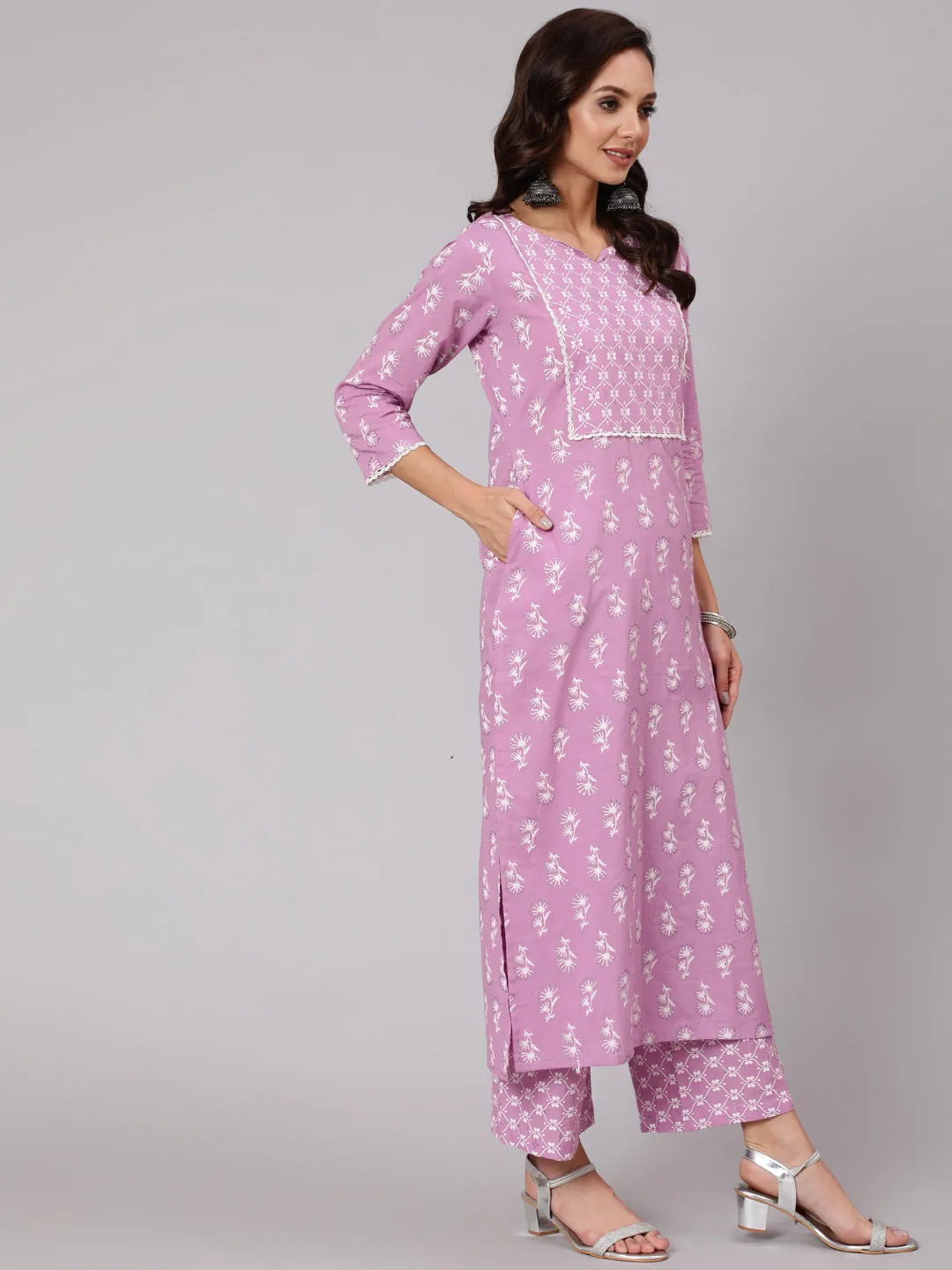 Women Purple Silver Floral Printed Straight Kurta With Palazzo And Dupatta
