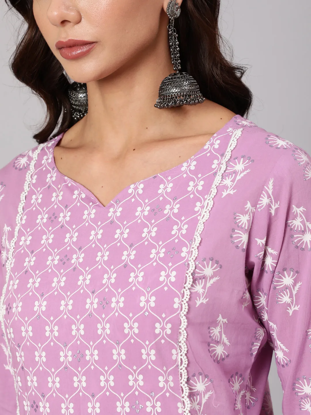 Women Purple Silver Floral Printed Straight Kurta With Palazzo And Dupatta