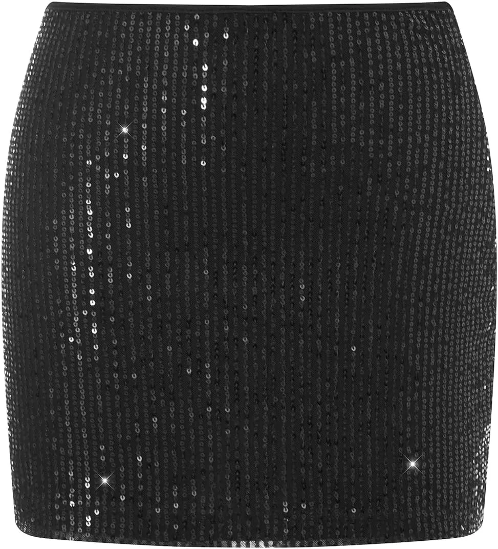 Women Y2k Sequin Mini Skirt Sparkly Sexy Side Split Tie Up Low Rise Glitter Bodycon Skirts Hip Party Shiny Skirt