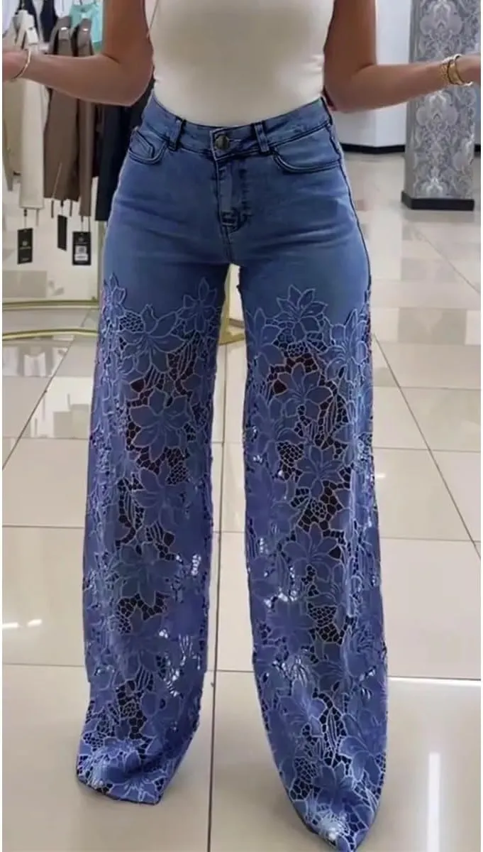 Women's Lace Patchwork Hollow Jeans,Lace Pants for Women Sexy,Y2k Jeans Embellished Wide Leg Jean for Women