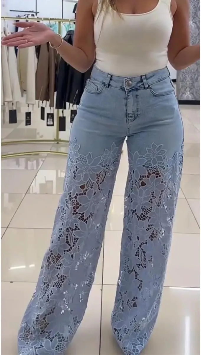 Women's Lace Patchwork Hollow Jeans,Lace Pants for Women Sexy,Y2k Jeans Embellished Wide Leg Jean for Women