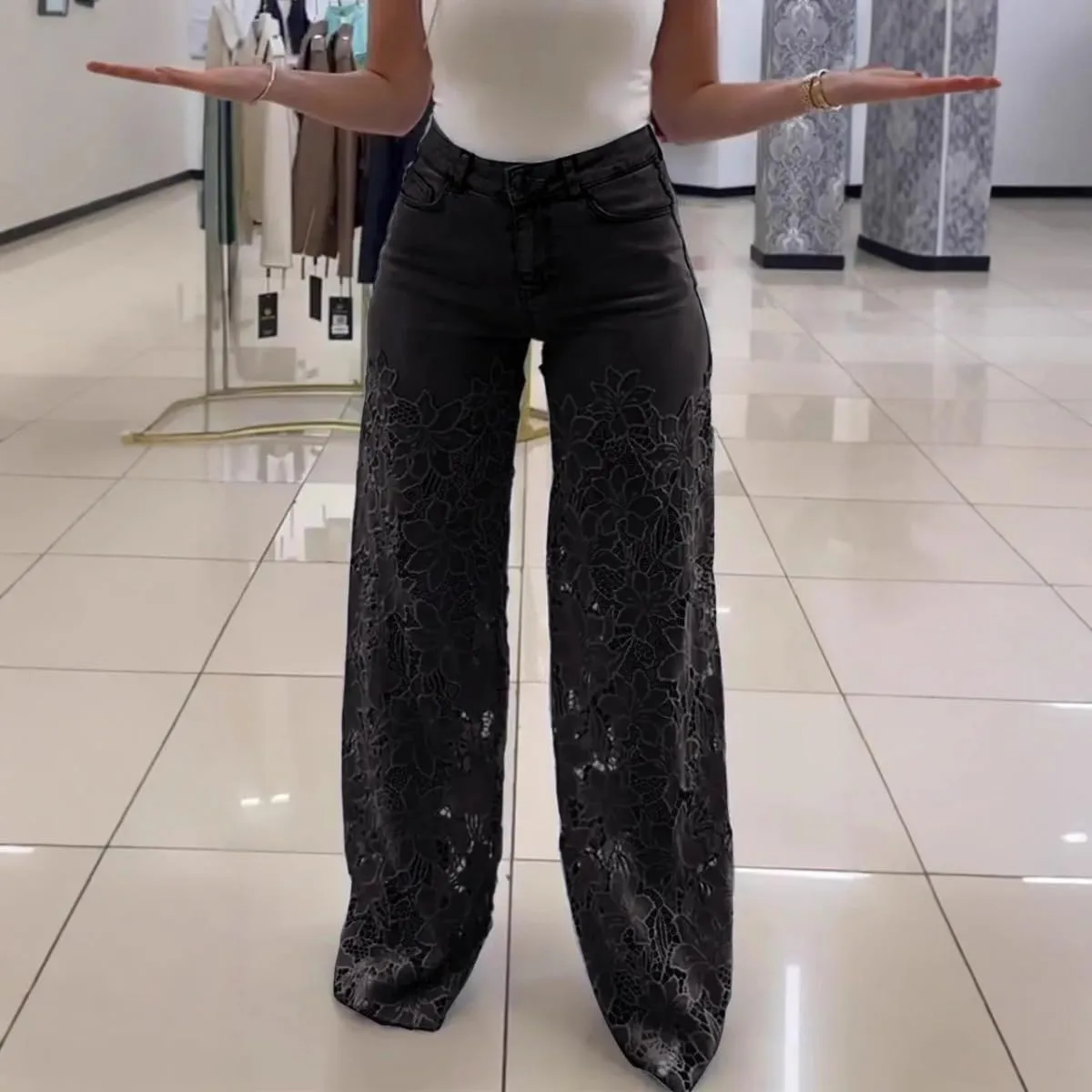 Women's Lace Patchwork Hollow Jeans,Lace Pants for Women Sexy,Y2k Jeans Embellished Wide Leg Jean for Women