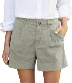 Womens Linen Shorts Casual Baggy Wide Leg Elastic High Waisted Shorts Business Dressy Work Short Trousers with Pocket