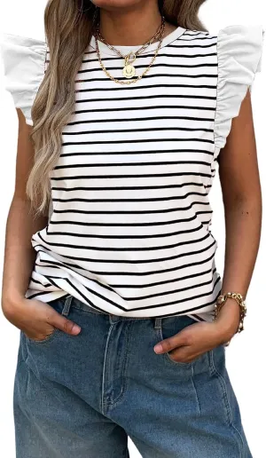 Women's Ruffle Cap Short Sleeve Striped T Shirts Summer Casual Loose Fit Top Basic Tee Tunic Tops